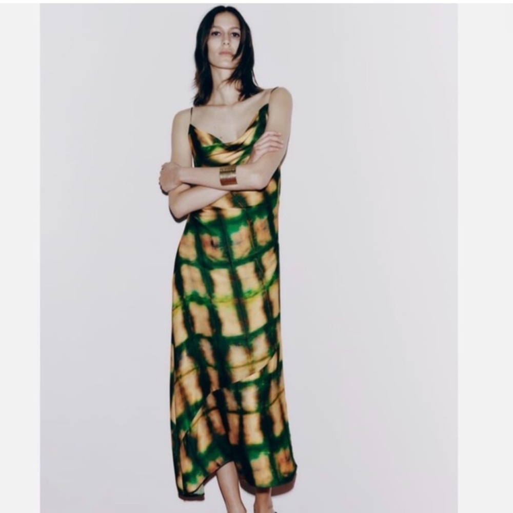 Zara Green and Yellow Tie-Dye Slip Maxi Dress